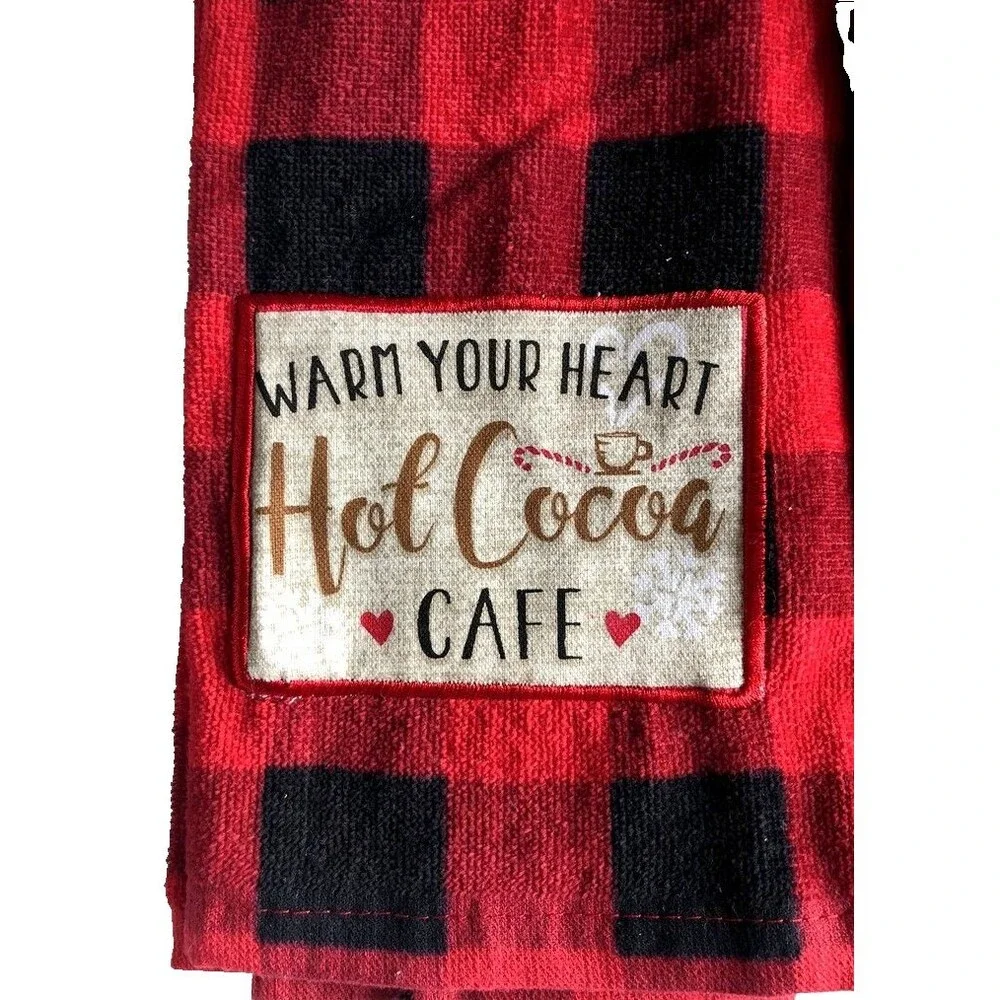 Christmas Kitchen Dish Towels Set of 2 Buffalo Plaid Check Red Black 100% Cotton